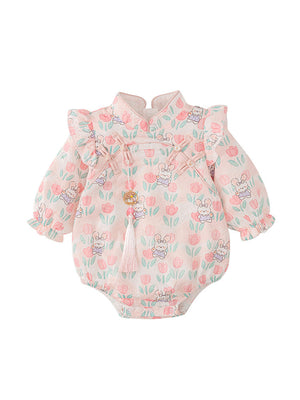 Autumn New Arrival Baby Girls Flowers and Rabbits Pattern Long Sleeves Onesies with Stand Collar