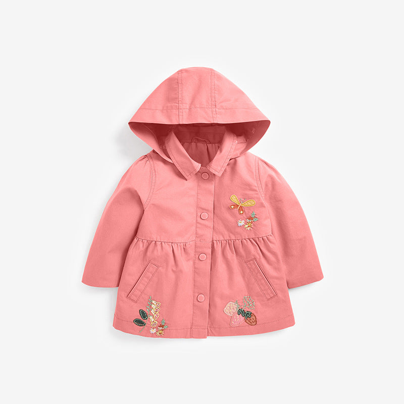 European And American Style Girls’ Outerwear: Hooded Single Breasted Floral Jacket With Long Sleeves For Children