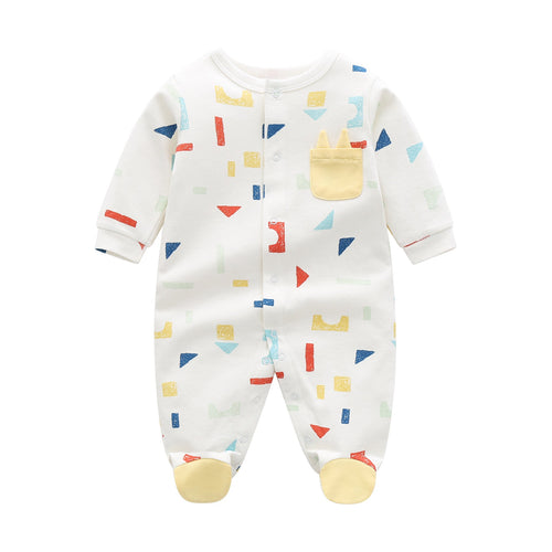 Baby Boy And Girl Geometric Print Single Breasted Design Long-Sleeved O-Neck Rompers