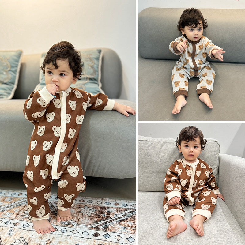 Autumn and Spring New Arrival Baby Unisex Teddy Bear Pattern Long Sleeves Crew Neck Rompers