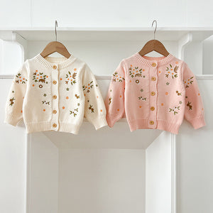 Autumn New Arrival Baby Kids Girls Comfortable Flowers Embroiedery Pattern Knitted Long Sleeves Cardigan