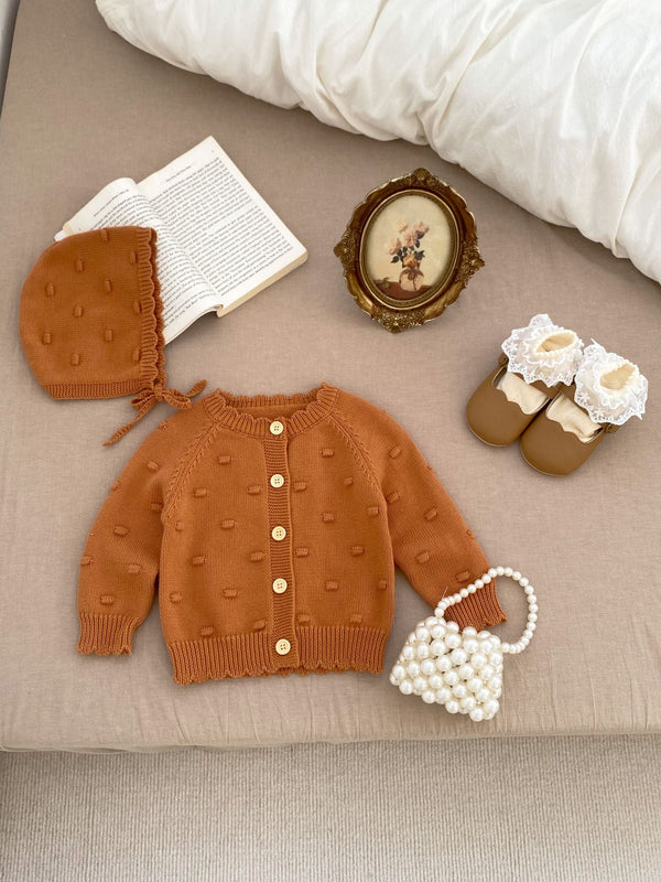 Autumn New Arrival Baby Kids Girls Comfortable Solid Color Jacquard Pattern Knitted Long Sleeves Cardigan