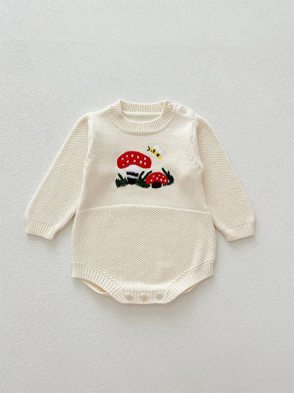 Autumn New Arrival Baby Girls Long Sleeves Mushrooms Embroidered Crew Neck Onesies