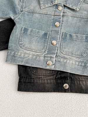 Baby Kids Button Front Design Washed Style Turndown Collar Denim Jacket Coat