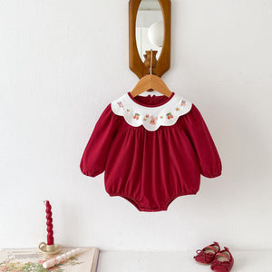 Autumn New Arrival Baby Girls Long Sleeves Rabbit and Cherry Embroidery Collar Red Onesies