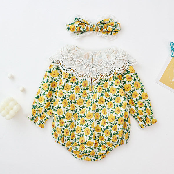 Baby Girl Flower Pattern Labeled Collar Design Long Sleeve Bodysuit