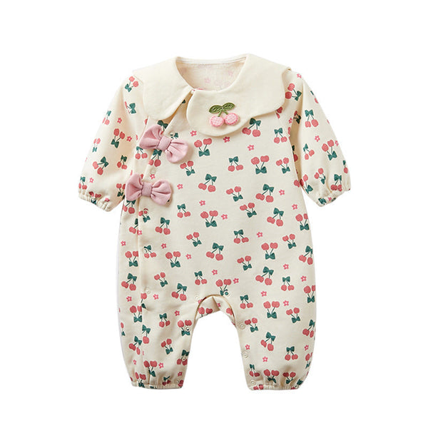 Autumn Baby Girl Cherry Pattern Flower Neck Rompers