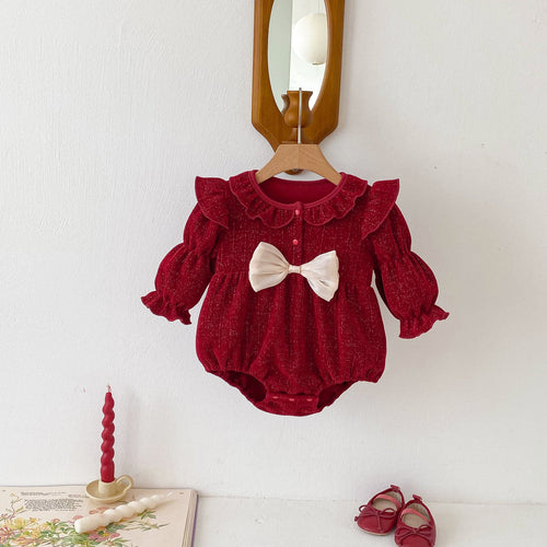 Autumn New Arrival Baby Girls Long Sleeves Red Knitted Onesies