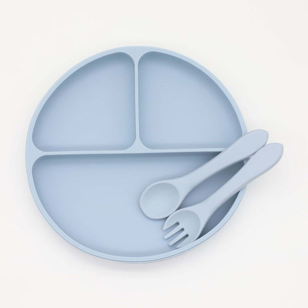 Baby Silicone Round Sucker Compartment Dinner Plate With Spoon Fork Sets