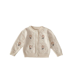 Autumn New Arrival Baby Kids Girls Comfortable Flowers Embroiedery and Dots Jacquard Pattern Knitted Long Sleeves Cardigan