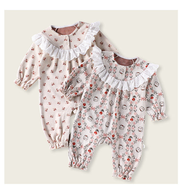 Autumn and Spring New Arrival Baby Girls Simple Floral Pattern Long Sleeves Rompers