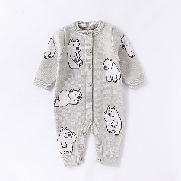 Autumn and Winter New Arrival Baby Unisex Simple Polar Bear Pattern Long Sleeves Knitted Rompers