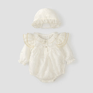 Autumn New Arrival Solid Color Baby Girls Flowers Pattern Long Sleeves Onesies with Princess Collar and Hat