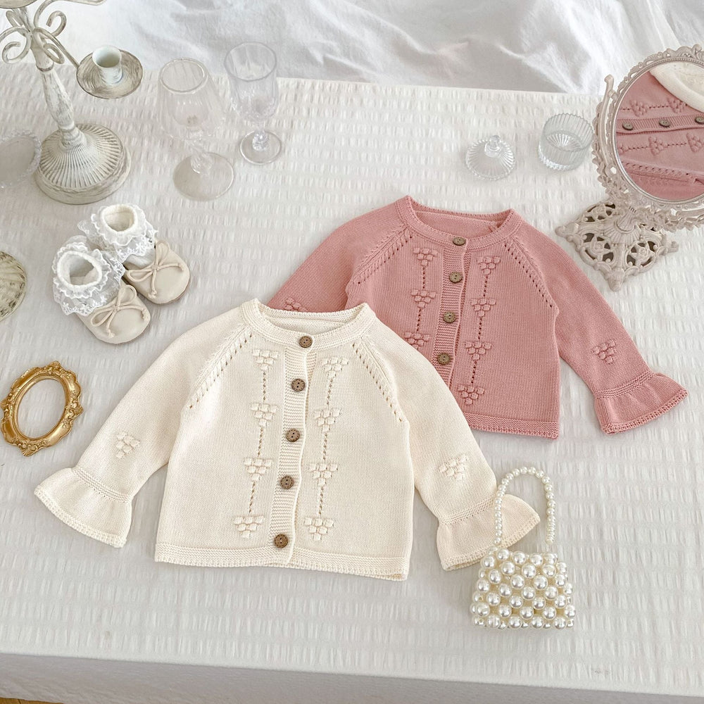 Autumn New Arrival Baby Kids Girls Comfortable Solid Color Jacquard Pattern Knitted Long Sleeves Cardigan