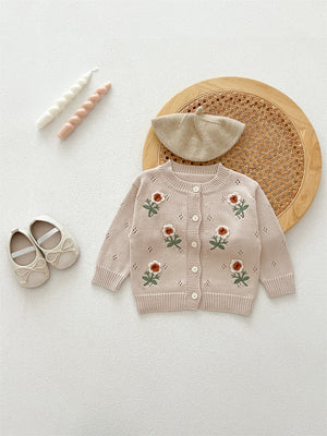 Autumn New Arrival Baby Kids Girls Comfortable Flowers Embroiedery Pattern Knitted Long Sleeves Cardigan