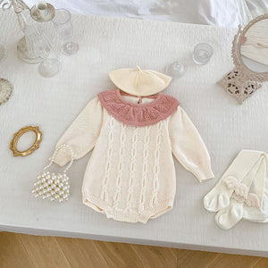 Autumn New Arrival Baby Girls Knitted Long Sleeves Jacquard Pattern Ruffle Collar Onesies