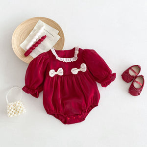 Autumn New Arrival Baby Girls Long Sleeves Square Ruffle Neck Double Butterfly-bows Attached Red Onesies