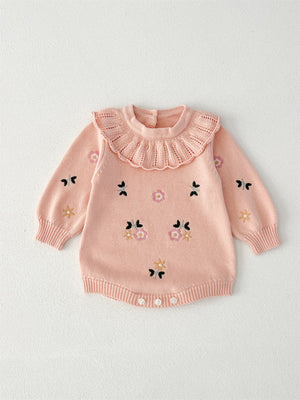 Autumn New Arrival Baby Girls Flowers and Butterfly Embroidery Pattern Long Sleeves Onesies with Collar