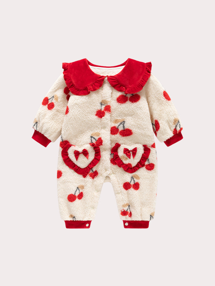 Autumn and Winter New Arrival Baby Girls Cherry Pattern Polar Fleece Rompers