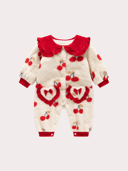 Autumn and Winter New Arrival Baby Girls Cherry Pattern Polar Fleece Rompers