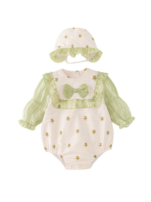 Autumn New Arrival Baby Girls Flowers Pattern Long Sleeves Lace Patchwork Onesies with Hat