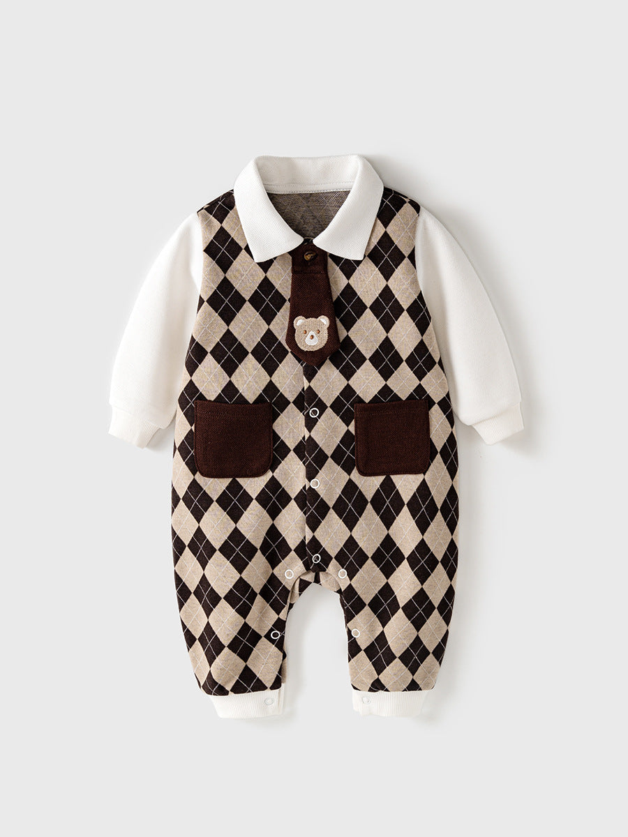 Autumn Newborn Plaid Pattern Polo Neck Rompers