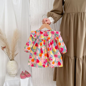 Autumn New Arrival Baby Girls Long Sleeves Vivid Floral Print Colorful Onesies and Dress