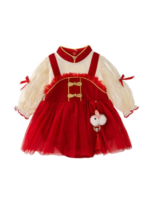 Autumn New Tulle Dress Design Baby Girls Color Patchwork Long Sleeves Onesies with Stand Collar and Butterfly Bows