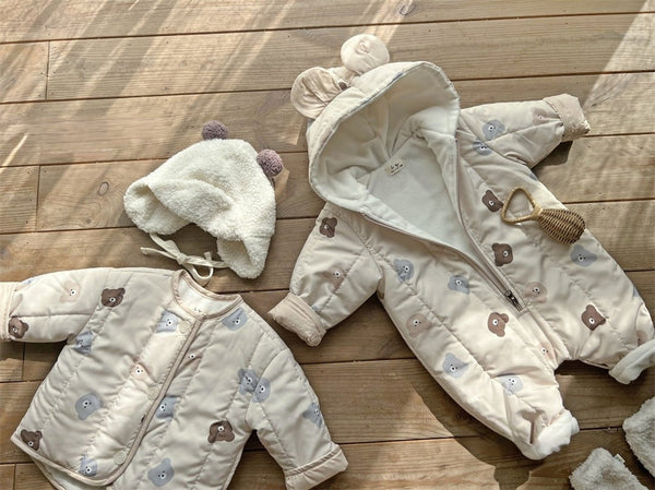 Baby Bear Print Pattern Quilted Warm Coat & Jumpsuit