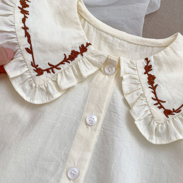 New Arrival Baby Kids Girls Flowers Pattern Long Sleeves Top and Brown Overalls Strap Rompers