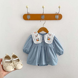 Autumn New Arrival Baby Girls Long Sleeves Flowers Embroidered Pattern Crew Neck Onesies Dress