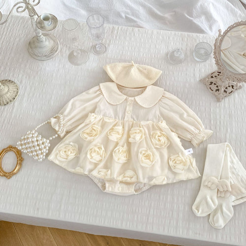 Autumn New Arrival Baby Girls Long Sleeves Solid Color 3D Tulle Flowers Attached Bodysuits Dress