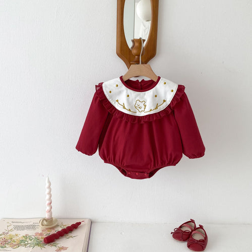 Autumn New Arrival Baby Girls Long Sleeves Rabbit Embroidery Collar Red Onesies