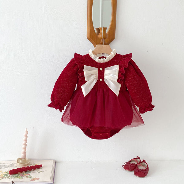 Autumn New Arrival Baby Girls Long Sleeves Red Ruffle Neck Patchwork Onesies Dress