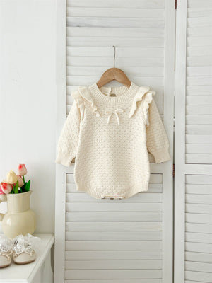 Autumn New Arrival Baby Girls Long Sleeves Geomatric Design Solid Color Crew Neck Knitted Onesies