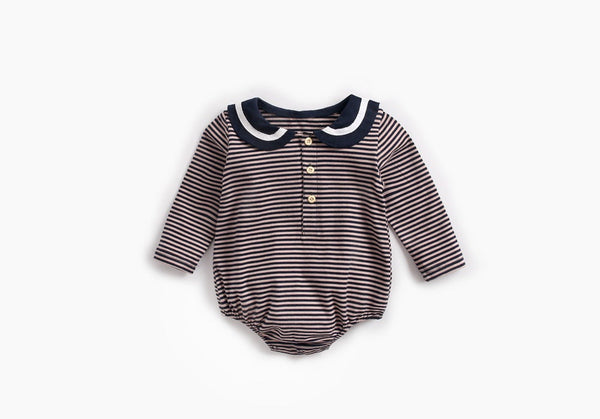 Baby Girl Striped Pattern Sailor Collar Design Fashion Long Sleeves Bodysuit Onesie