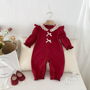 Autumn New Arrival Baby Girls Long Sleeves Single Breasted Red Romper Bodysuits