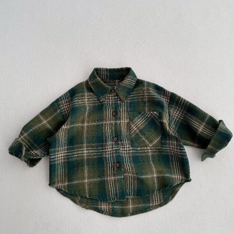 European and American Vintage Style Kids’ Outerwear: Plaid Long Sleeves Single Breasted Coat for Children