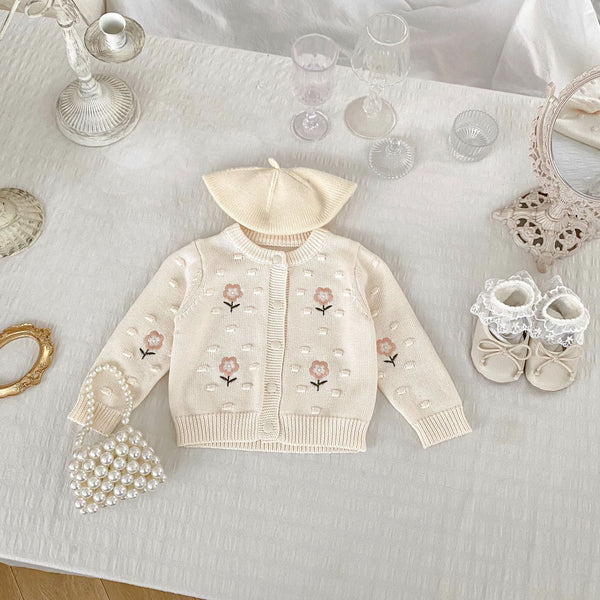 Autumn New Arrival Baby Kids Girls Comfortable Flowers Embroiedery and Dots Jacquard Pattern Knitted Long Sleeves Cardigan