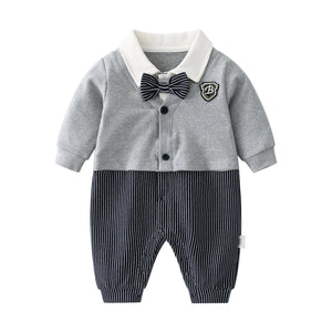 Baby Boy Badge Patched Pattern Striped Contrast Design Snap Button Front Bow Tie Rompers