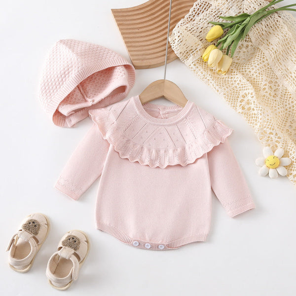 Autumn New Design Baby Girls Solid Color Long Sleeves Hollow Out Big Collar Knitted Onesies And Hat