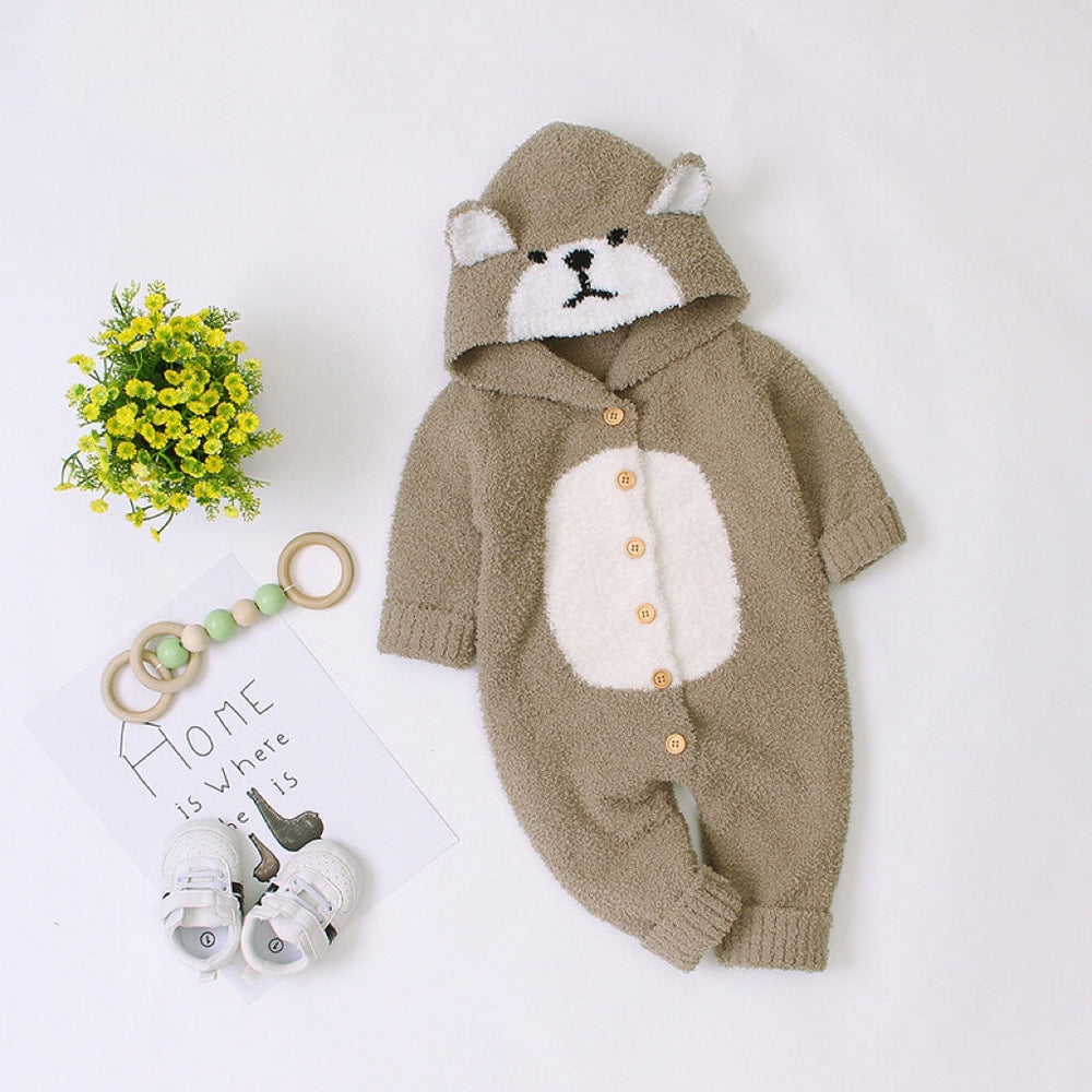 Baby Cartoon Bear Style Button Front Design Long Sleeve Plush Rompers