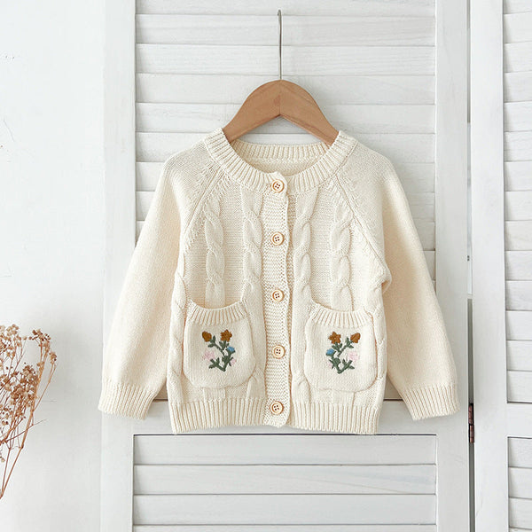 Arrival Baby Girls Comfortable Flowers Embroidery Pattern Pocketed Knitted Long Sleeves Cardigan