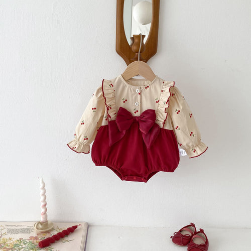 Autumn New Arrival Baby Girls Long Sleeves Cherry Print Princess Butterfly-Bows Attached Onesies