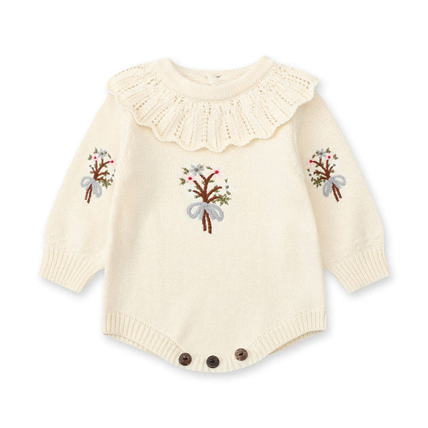 Autumn New Design Baby Girls Flowers Embroidery Pattern Long Sleeves Ruffle Collar Knitted Onesies