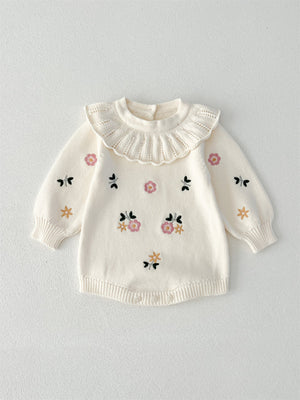 Autumn New Arrival Baby Girls Flowers and Butterfly Embroidery Pattern Long Sleeves Onesies with Collar