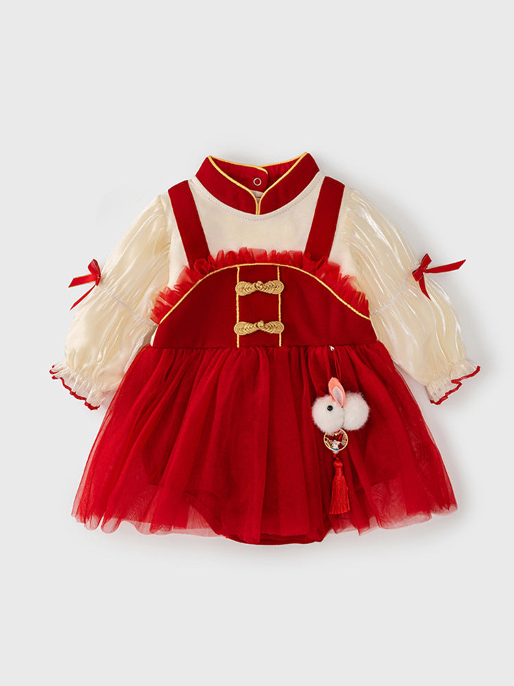 Autumn New Tulle Dress Design Baby Girls Color Patchwork Long Sleeves Onesies with Stand Collar and Butterfly Bows