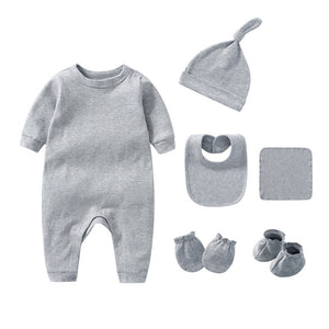 Newborn Solid Color Romper Hat, Bib, Gloves, Footwear, Square Scarf Sets