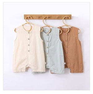 Summer New Arrival Solid Color Crew Neck Button Open Front Sleeveless Rompers