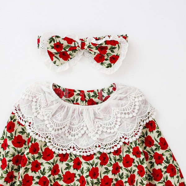 Baby Girl Flower Pattern Labeled Collar Design Long Sleeve Bodysuit